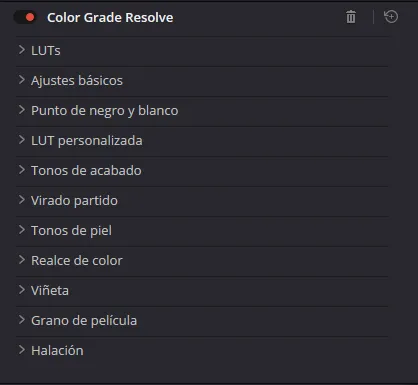 Panel de Color Grade Resolve en el Inspector de DaVinci Resolve con sus once secciones plegadas